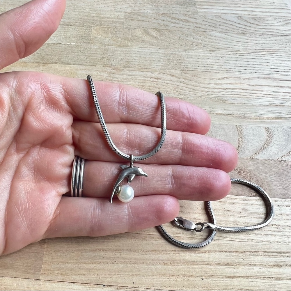 Vintage 925 Sterling silver dolphin pearl pendant silver chain necklace